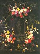 Jan Philip van Thielen Garland of flowers surrounding Christ figure in grisaille Germany oil painting artist
